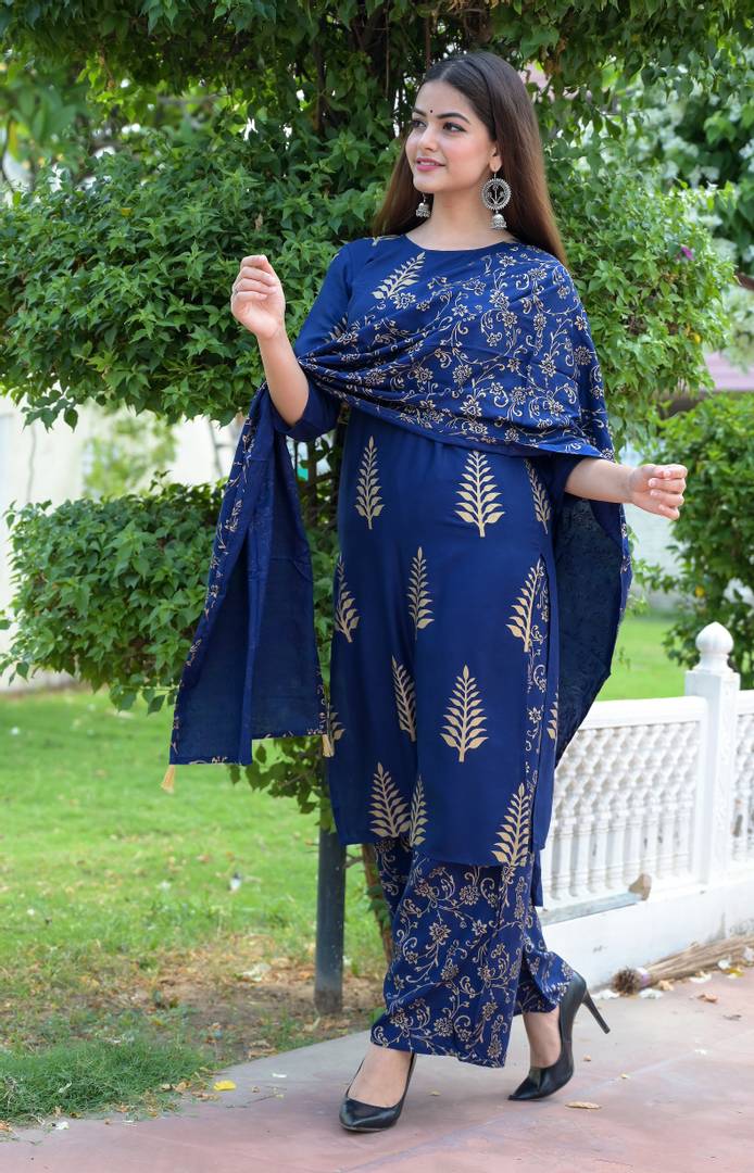 Stylish Rayon Blue Printed Kurta With Palazzo And Dupatta Set